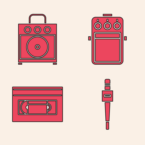 Set Microphone, Guitar amplifier, Guitar pedal and VHS video cassette tape icon. Vector - Vector, Image