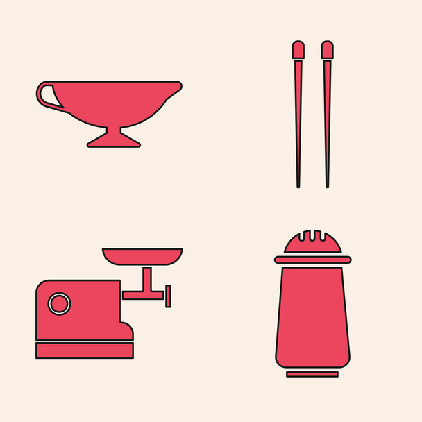 Набор соли и перца, соус лодка, палочки для еды и кухня мясорубки икона. Вектор
 - Вектор,изображение