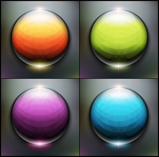 Shiny vector glass spheres set of 4. Crystal balls with colorful geometric design. Isolated with realistic shine and shadow on the black background. Vector illustration, Eps10, - Vector, imagen