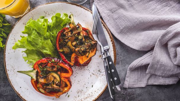 Baked pepper with vegetables. Diet food. Top view. Copy space - Φωτογραφία, εικόνα