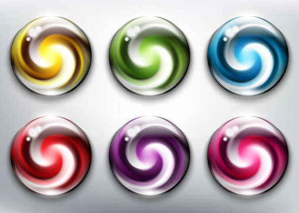Abstract vector glossy web buttons set of 6. Colorful web buttons with swirl design. Isolated on the white background. Vector illustration. Eps10. - Vektor, Bild
