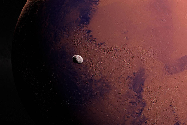Спутник Фобос вращается вокруг планеты Марс. 3D рендеринг
 - Фото, изображение