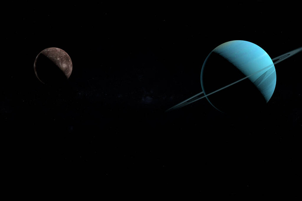 Titánia hold kering az Uránusz bolygó körül a világűrben. 3d renderelés - Fotó, kép