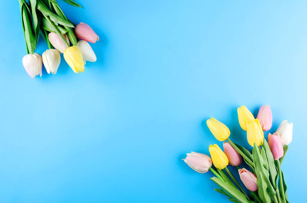 Spring or holiday concept, a bouquet of tulips on blue background. March 8, International Women's Day, birthday. Copy space, flat lay, Template mockup greeting card with place for text, - Photo, Image