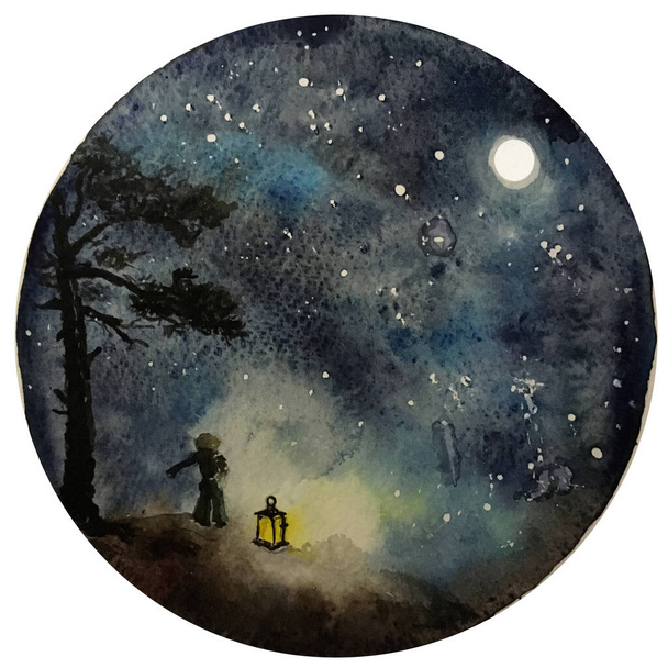 Aquarell Mond in sternenklarer Nacht, Galaxie mit Sternen, Weltraum und Astrologie Universum Illustration. - Foto, Bild
