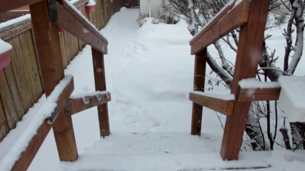 Snow Falling Over Porch Stairs in Suburban Backyard - Footage, Video