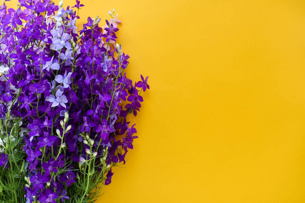 Bouquet of beautiful violet flowers on a yellow background. - Фото, зображення