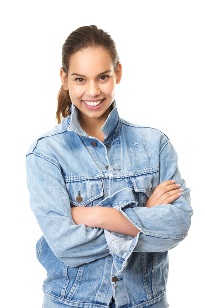 roztomilá dívka s úsměvem v modré denim jeans bunda - Fotografie, Obrázek