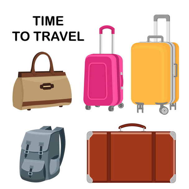 Set of travel bags. A plastic suitcase, a vintage suitcase, a travel bag and a large backpack. Vector illustration of hand luggage. Isolated vector illustration on a white background. - Vector, Image