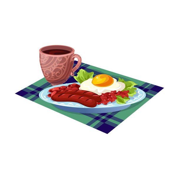 Fresh breakfast with a fried egg, lettuce, sausages and beans and a cup of drink. Vector illustration in cartoon style. - Vector, Image
