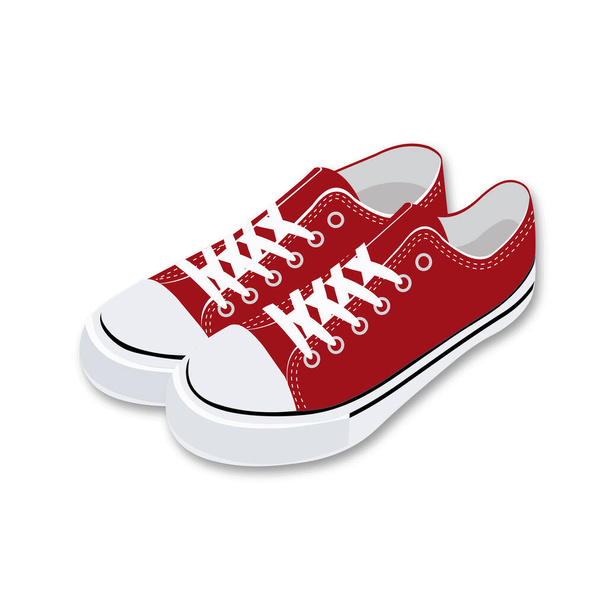 Egy pár piros textil tornacipő gumi lábujjal és fűzővel. Kézlenyomat körvonalazva. Sportcipők és szabadidős tevékenységek. Vektor illusztráció. Fehér alapon elszigetelve. - Vektor, kép