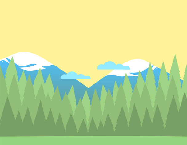 Summer nature landscape background with forest and snowy mountains and clouds. Coniferous trees silhouettes. Vector illustration. - Vector, imagen
