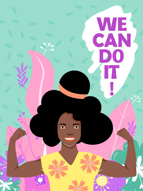 Feminizmus, női hatalom, nemzetközi nőnapi koncepció virágokkal és levelekkel. Erős afro-amerikai lány, aki megmutatja az izomzatát. A nők szerepének erősítése. Vektorillusztráció. - Vektor, kép