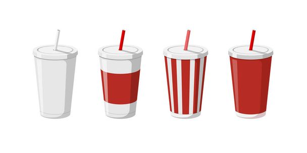 Plantillas de taza de bebidas de papel desechables para soda con paja para beber. 3d blanco grande rojo rayas de cartón refrescos empaquetado colección vector ilustración plana - Vector, imagen