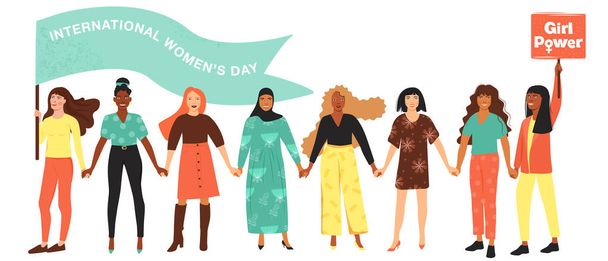 Nemzetközi Nőnap, feminizmus, női hatalom koncepció. A lányok fogják egymás kezét. A nők különböző nemzetiségű és kultúrájú csoportjai tiltakoznak és igazolják jogaikat. Vektor illusztráció fehér háttér. - Vektor, kép