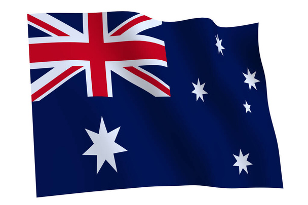 Austrálie vlajka, 3d vykreslení. Austrálie vlajka vlnící se ve větru, izolované na bílém pozadí. - Fotografie, Obrázek