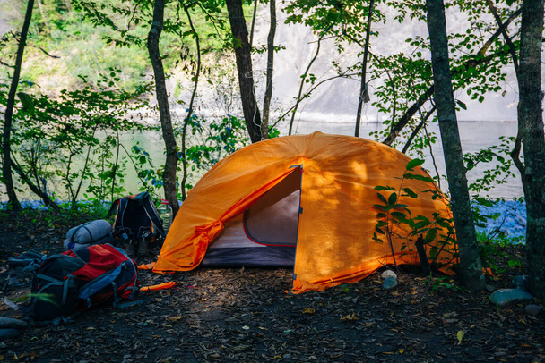 Tenda da campeggio arancione con zaino nell'accogliente foresta verde
 - Foto, immagini