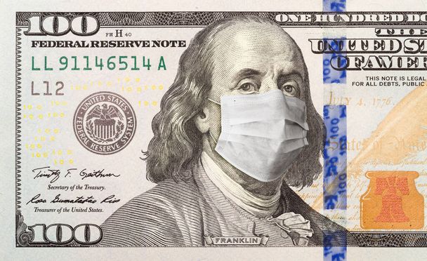 Rachunek studolarowy z maską medyczną na twarzy Benjamina Franklina. - Zdjęcie, obraz