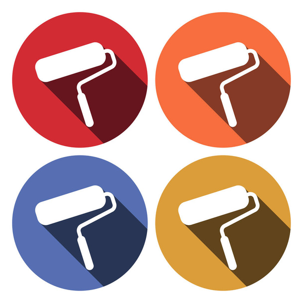 Paint roller sign icon. Painting tool symbol. Circle buttons with long shadow. 4 icons set. Vector - Vector, afbeelding