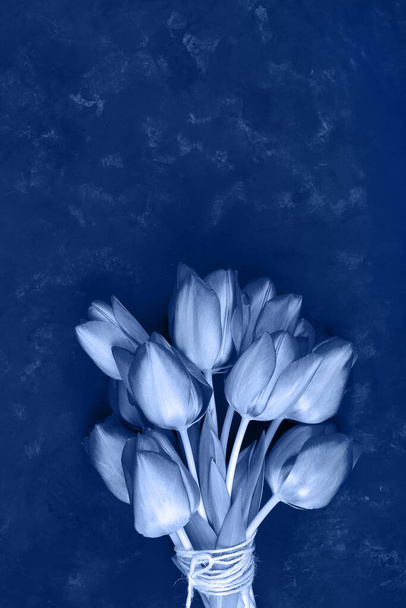 Toned classic blue tulip flowers bouquet. Easter day background. March 8, International Womens Day, Birthday, Valentines Day or Mothers day - Foto, immagini