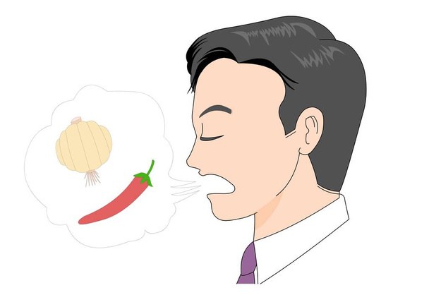 Seitenansicht eines männlichen Mitarbeiters mit Mundgeruch - Vektor, Bild