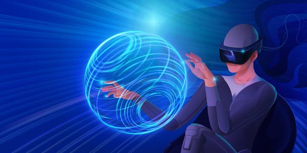 Una donna in un casco di realtà virtuale controlla il flusso di informazioni. Immagine vettoriale delle moderne tecnologie per la comunicazione, i giochi, la creatività. Banner nei toni del blu
. - Vettoriali, immagini
