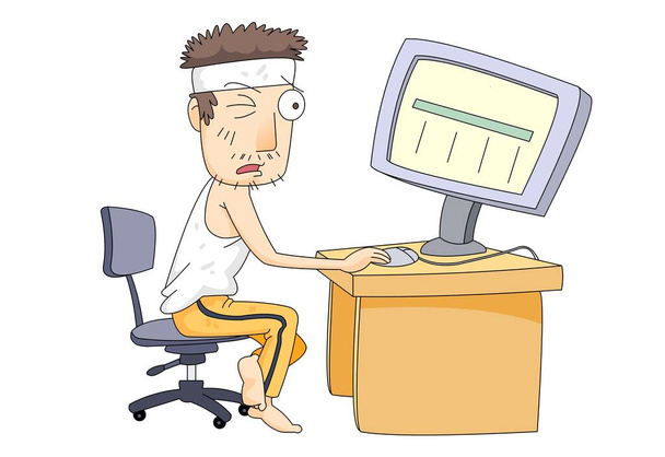 İşsiz Karakter Çizimi Bilgisayarın önünde otururken - Vektör, Görsel
