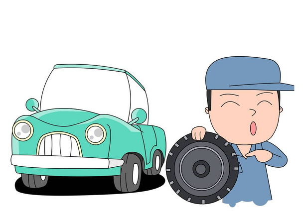 Illustration of a car mechanic checking tires - Vector, Image