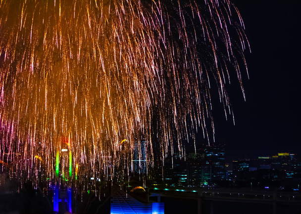 Fuochi d'artificio notturni vicino al ponte Rainbow nella città urbana di Tokyo
 - Foto, immagini