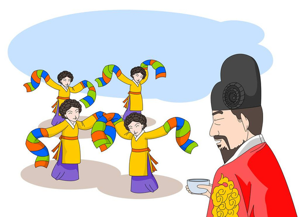 The king enjoys a banquet and dances the dancers. - Vector, Image