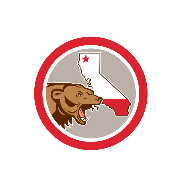 Ilustración de una cabeza de oso pardo pardo pardo enojado vista desde un lado con el mapa del estado de California dentro del círculo sobre un fondo aislado hecho en estilo de dibujos animados
. - Vector, imagen