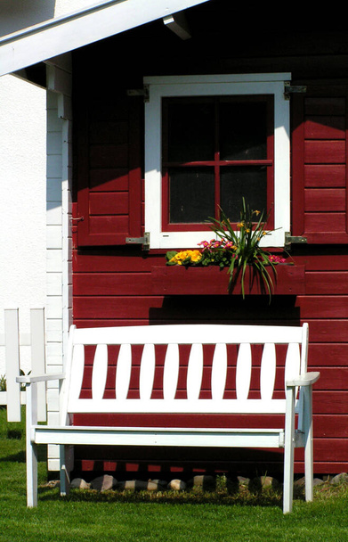 a wooden bench in a row in a garden - Фото, зображення