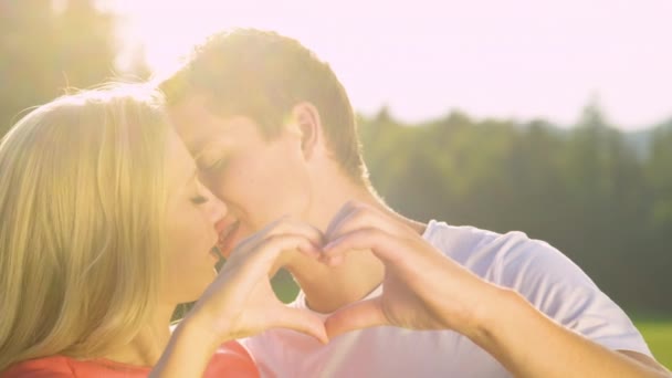 PORTRAIT: Linda pareja en la fecha en la naturaleza besa suavemente mientras que hace una forma de corazón
 - Metraje, vídeo