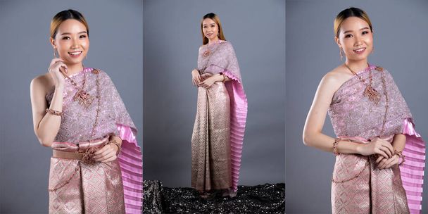 Vestido de lótus rosa de traje tradicional tailandês ou sudeste da Ásia vestido de ouro em mulher asiática com decoração stand retrato em muitas poses em estúdio iluminação fundo cinza, colagem grupo pacote
 - Foto, Imagem
