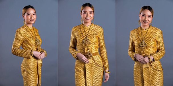Golden Dress of Thai Traditioneel Kostuum of Zuidoost-Azië goud Jurk in Aziatische Vrouw met decoratie portret in vele poses onder Studio verlichting grijze achtergrond, collage groep pack - Foto, afbeelding
