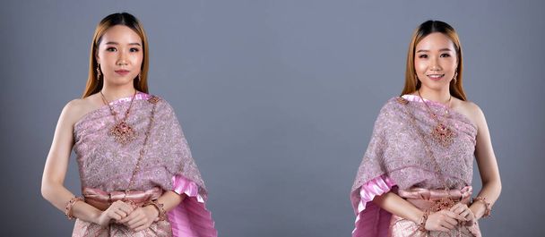 Vestido de loto rosa de traje tradicional tailandés o sudeste asiático vestido de oro en mujer asiática con decoración sentarse en el suelo en muchas poses bajo estudio iluminación fondo gris, paquete de grupo de collage
 - Foto, imagen