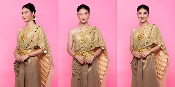 Vestido dourado de traje tradicional tailandês ou sudeste da Ásia vestido de ouro em mulher asiática com retrato de decoração em muitas poses sob iluminação Studio Pink fundo doce, pacote de grupo de colagem
 - Foto, Imagem