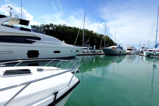 Πολλά σκάφη πολυτελείας επιπλέουν σε καθαρή θάλασσα στο Marina Bay Club, ακριβά Ιδιωτική βάρκα μείνετε ήρεμοι στην προβλήτα ελλιμενισμού κάτω από το καλοκαίρι μπλε ουρανό πράσινο ωκεανό - Φωτογραφία, εικόνα