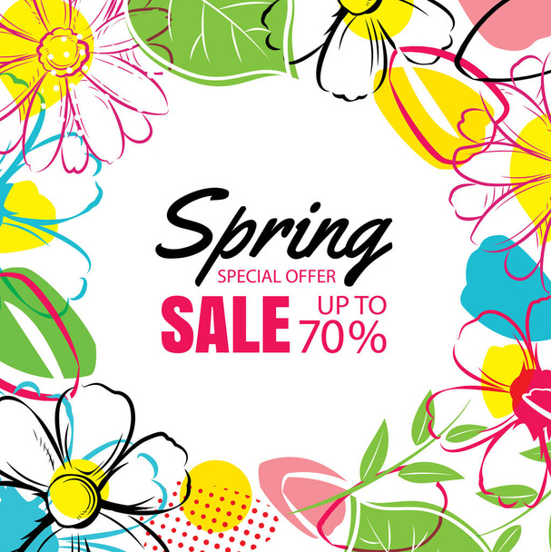 Tavaszi eladás poszter sablon színes virág háttér.Használható utalvány, tapéta, szórólap, meghívó, prospektus, kupon kedvezmény. - Vektor, kép