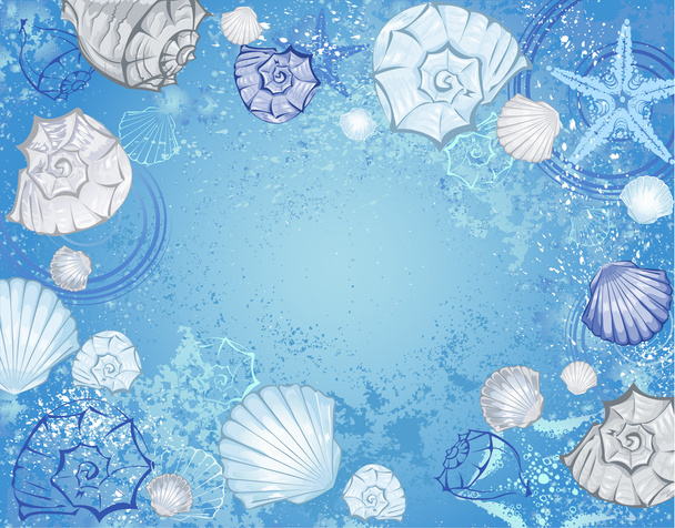 Blue background with sea shells - Vector, afbeelding