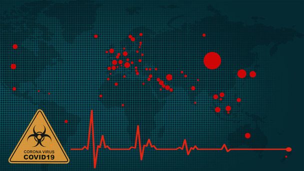 multiexposure of world map with red spots of corona virus covid 19 infikovaných zemí and heart pulse and corona virus biohazard sig, concept of coronavirus covid 19 world pandemic - Fotografie, Obrázek