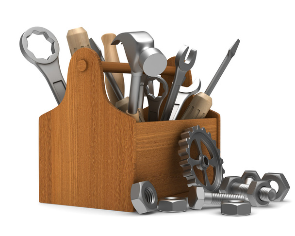 Boîte à outils en bois avec outils. Image 3D isolée
 - Photo, image