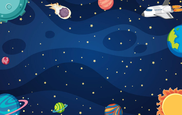 Achtergrond template ontwerp met ruimteschip en vele planeten in de ruimte illustratie - Vector, afbeelding