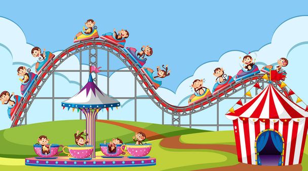 Escena con monos montando en montaña rusa y la taza gira en el parque ilustración
 - Vector, imagen