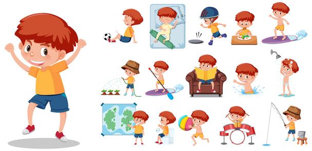 Large set of boy doing different activities on white background illustration - Vector, Image