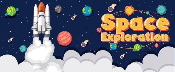 Poster design with spaceship and many planets in space background illustration - Vector, Image