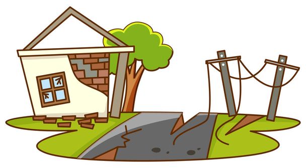 Сцена со сломанным домом с иллюстрацией землетрясения
 - Вектор,изображение