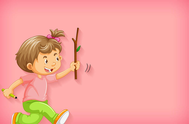 Plain background with happy girl with a wooden stick illustration - Vector, Image