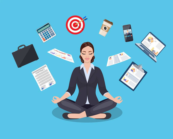 businesswoman meditating, time management, - Vector, Image