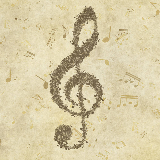 Grunge musical background. Old paper texture, music notes, clef. - Photo, Image